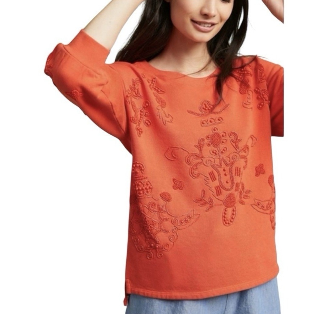 Anthropologie Akemi & Kin Sweatshirt‎ Top Women's Large Orange Beaded Cozy New